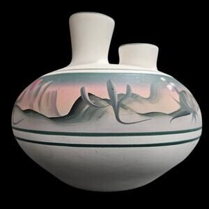 New West Pottery Double Spout Vase Southwest Desert Scene Hand Painted AZ